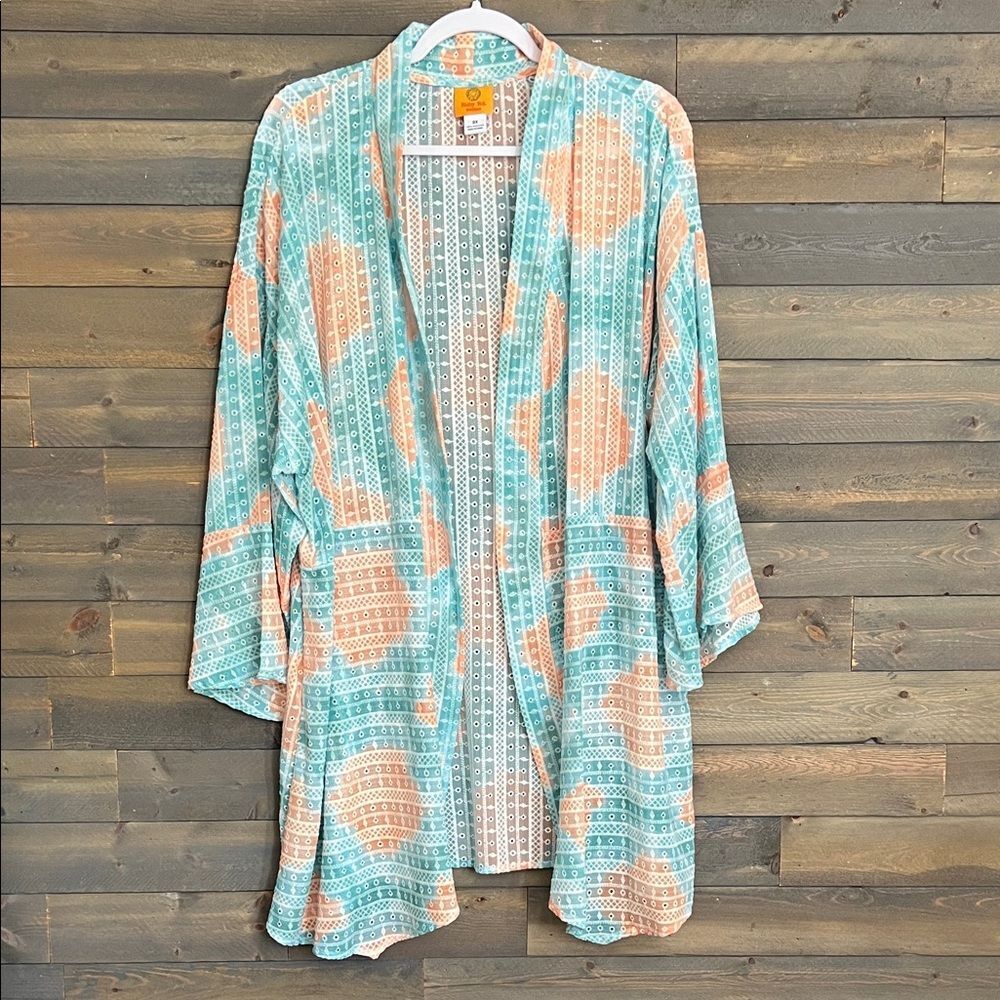 New Ruby Rd Sheer Knit Printed Patch Pocket Open-Front Cardigan Size 3X